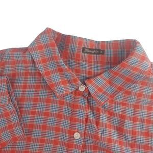 J.McLaughlin Mens XL Orange Blue Plaid Cotton Stretch Long Sleeve Button Down
